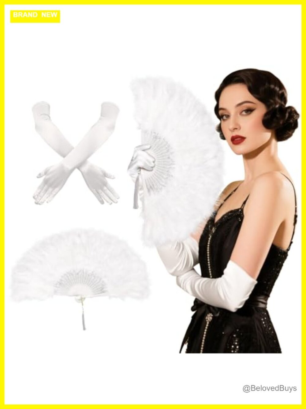 1920s Flapper Costume Set Feather Fan Long Satin Gloves